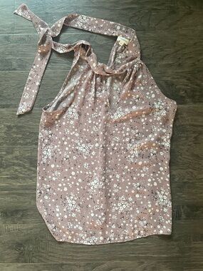 Mauve Purple White Floral Halter Tie Neck Tank Top Size Small
